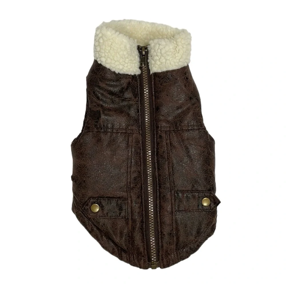Wag-a-Tude‎ brown faux leather bomber dog jacket with Sherpa trim. Size Small.